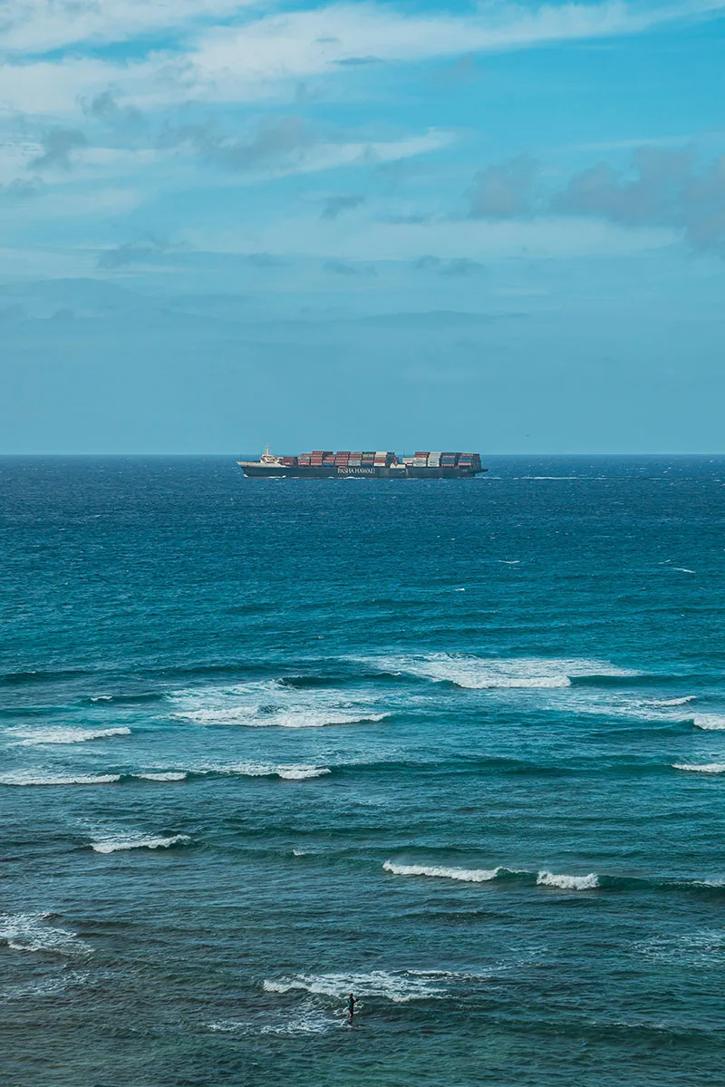 Distribution & location search — a container ship carrying export cargo